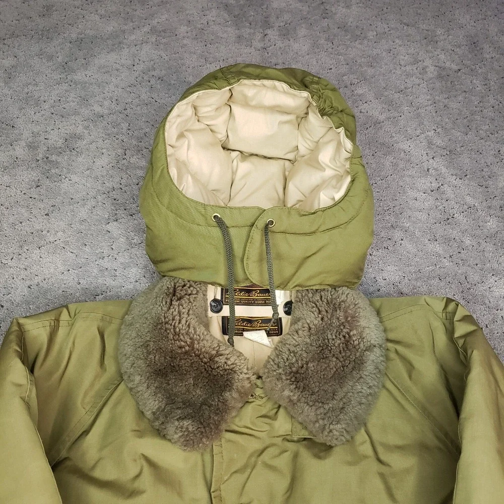 Vintage Eddie Bauer Jacket Mens Large Green Goose Down Puffer Hooded Hunting